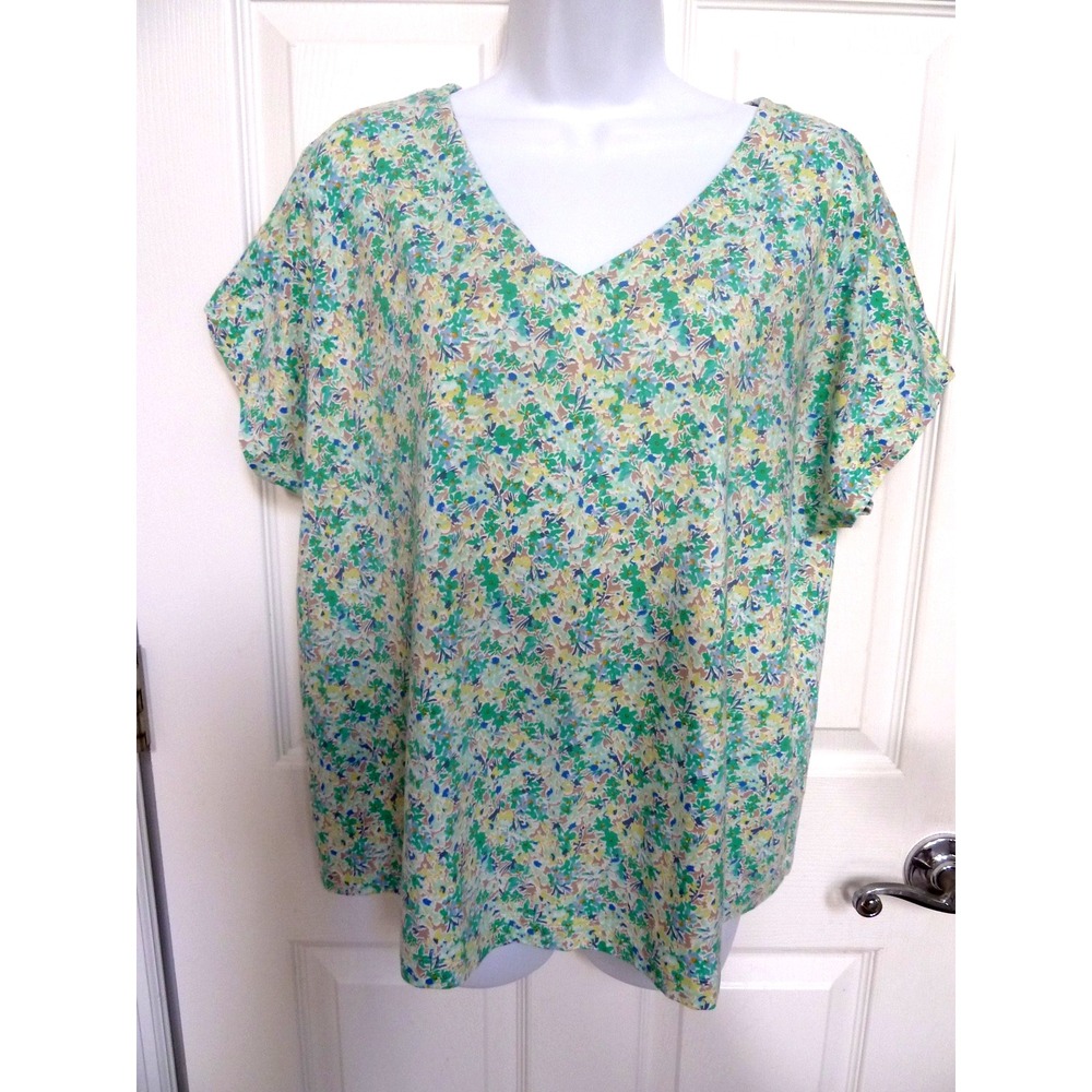 J. Jill Luxe Supima Pleat Back Tee Top Floral Green Blue V-Neck XLP 18/20P